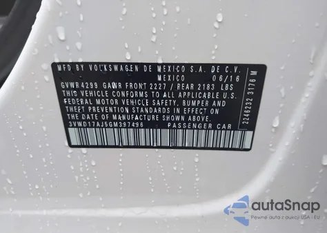 2016 Volkswagen Jetta 1.8T Sport z USA, uszkodzony, nr VIN 3VWD17AJ5GM397496